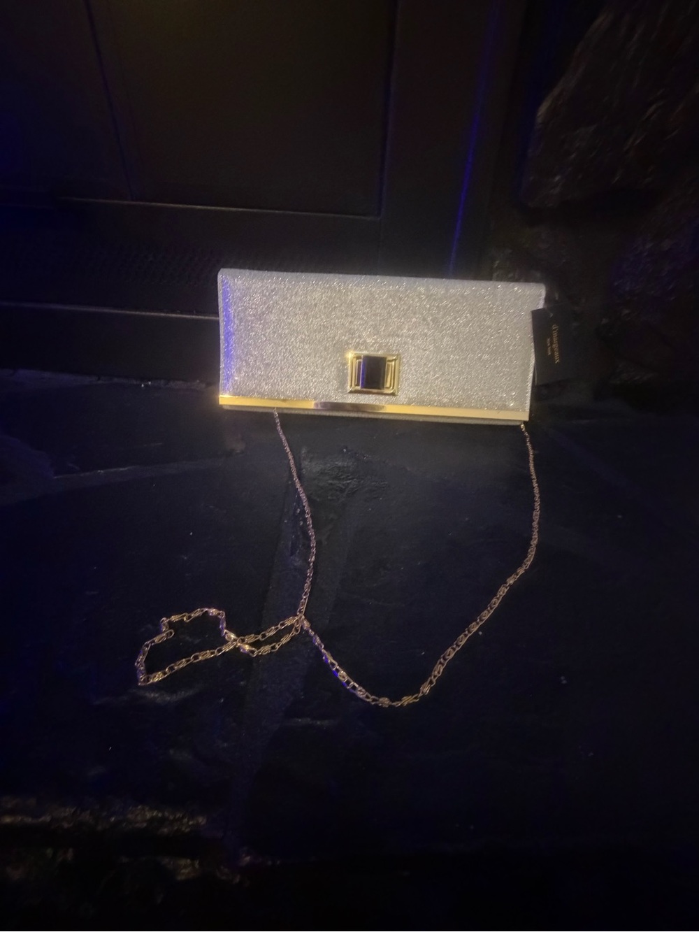D’Margeaux - Large SilverSparkle Clutch Handbag with Gold Chain - new with tags